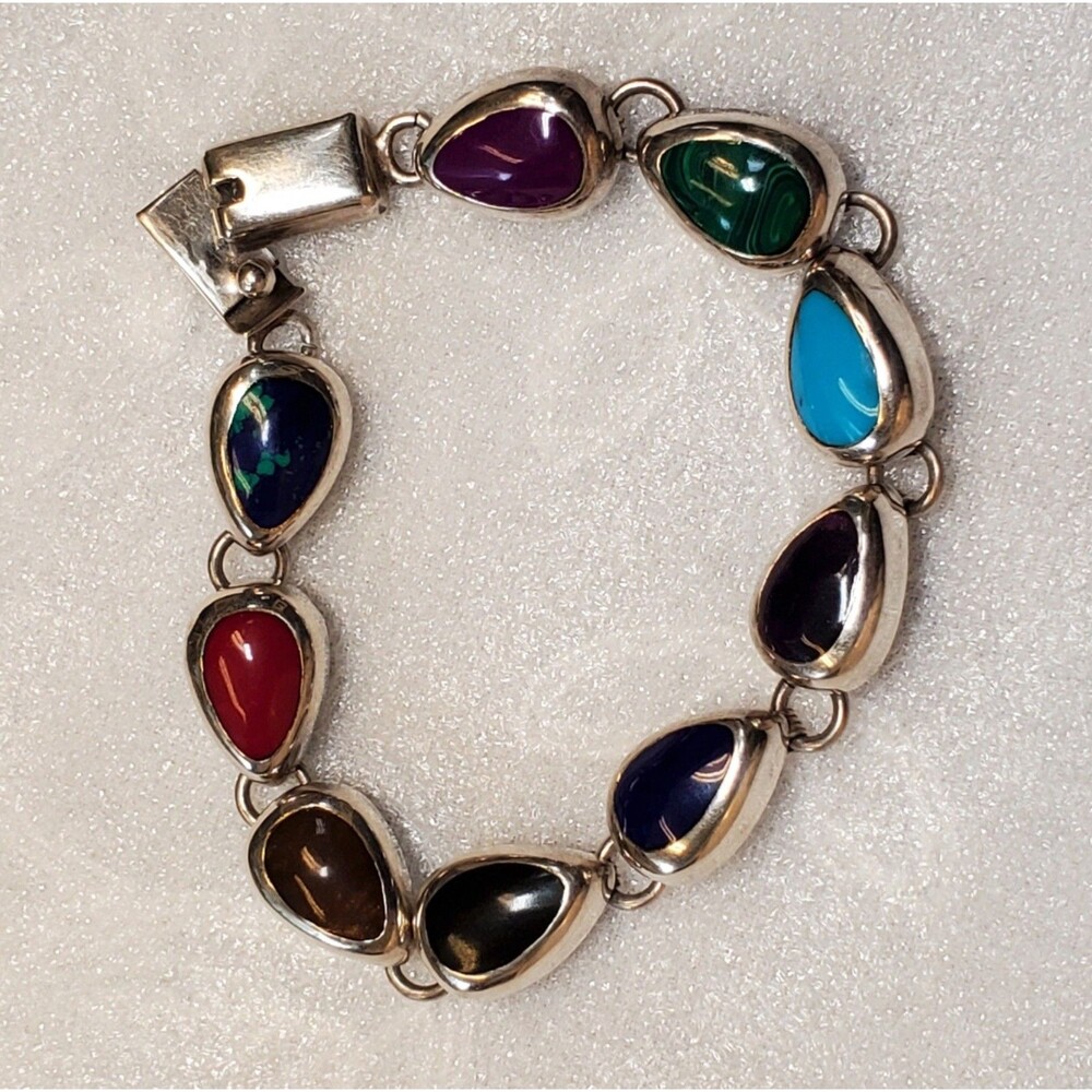Vintage Sterling Silver Bracelet Teardrop Links Multicolor